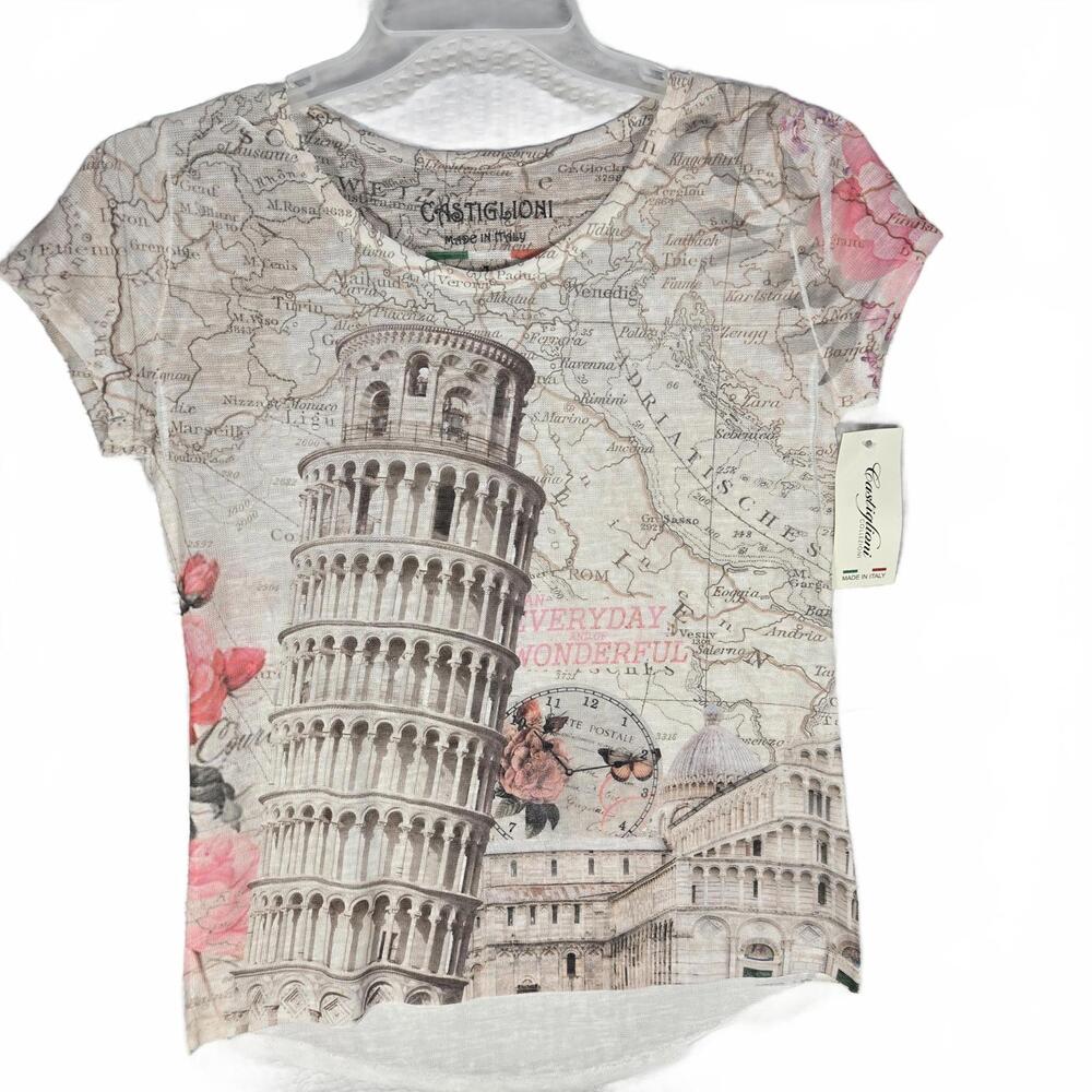 Castiglioni Italy Map T-Shirt Small Leaning Tower of Pisa Floral Mesh Knit Tee